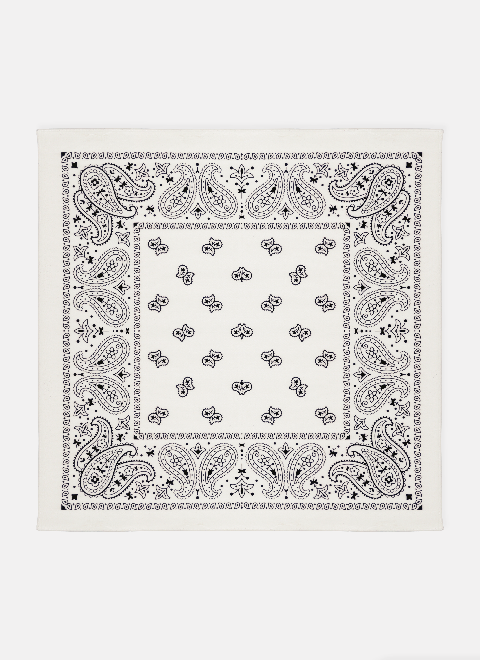 Lola Swim Bandana UPF 50+ white paisley print square scarf flat lay on white background.