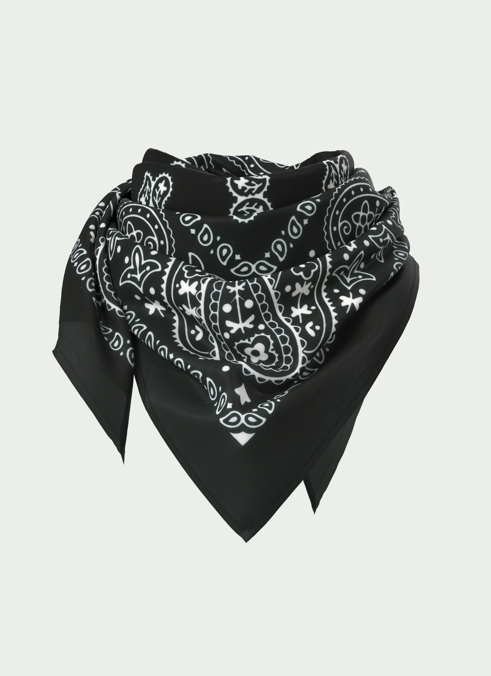 Black Lola Swim Bandana UPF 50+ by Ondine with white paisley pattern, shown draped for styling detail.