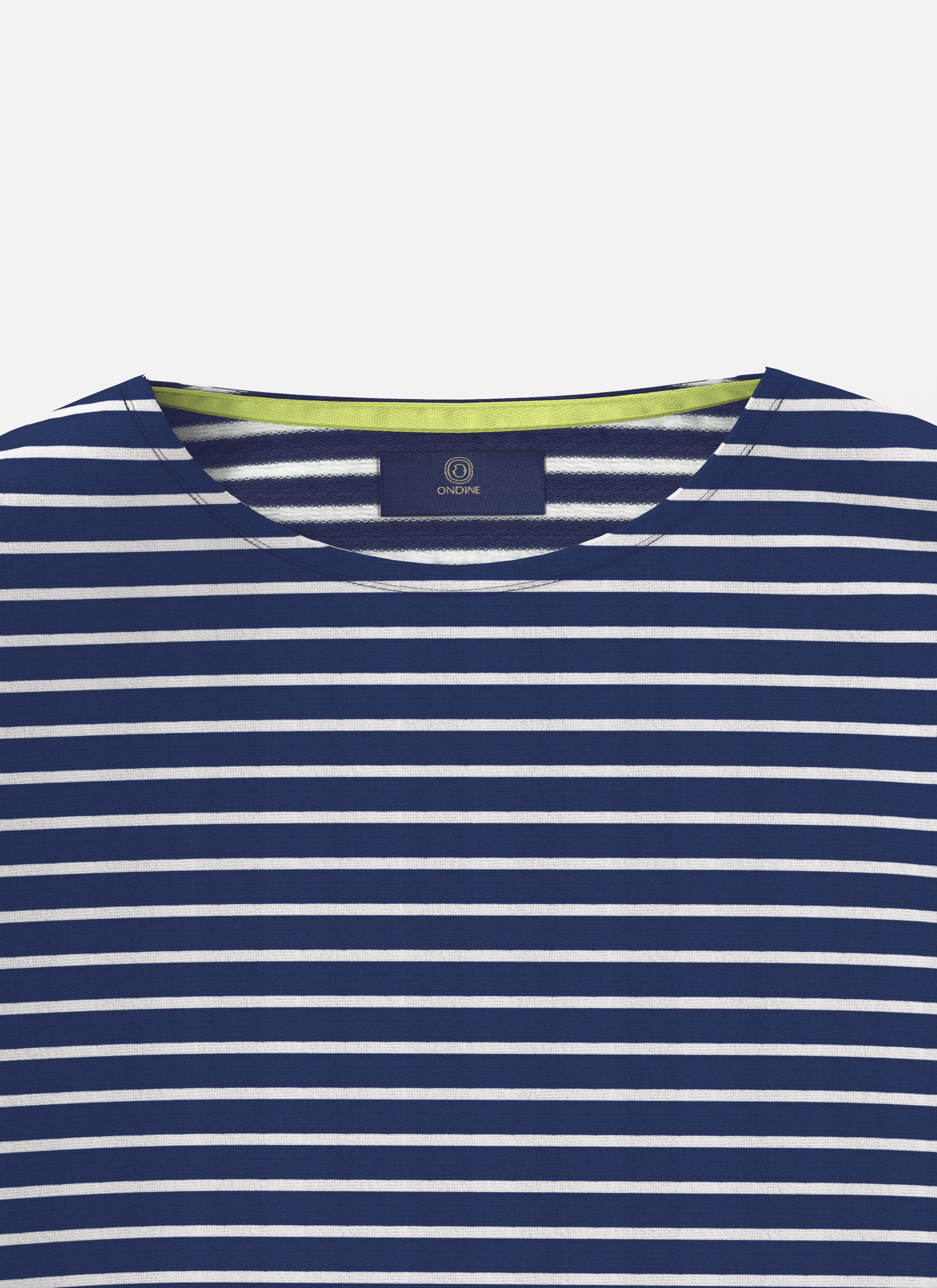 Front detail of Emma Marinière UPF 50+ navy and white Breton stripe sun shirt neckline.