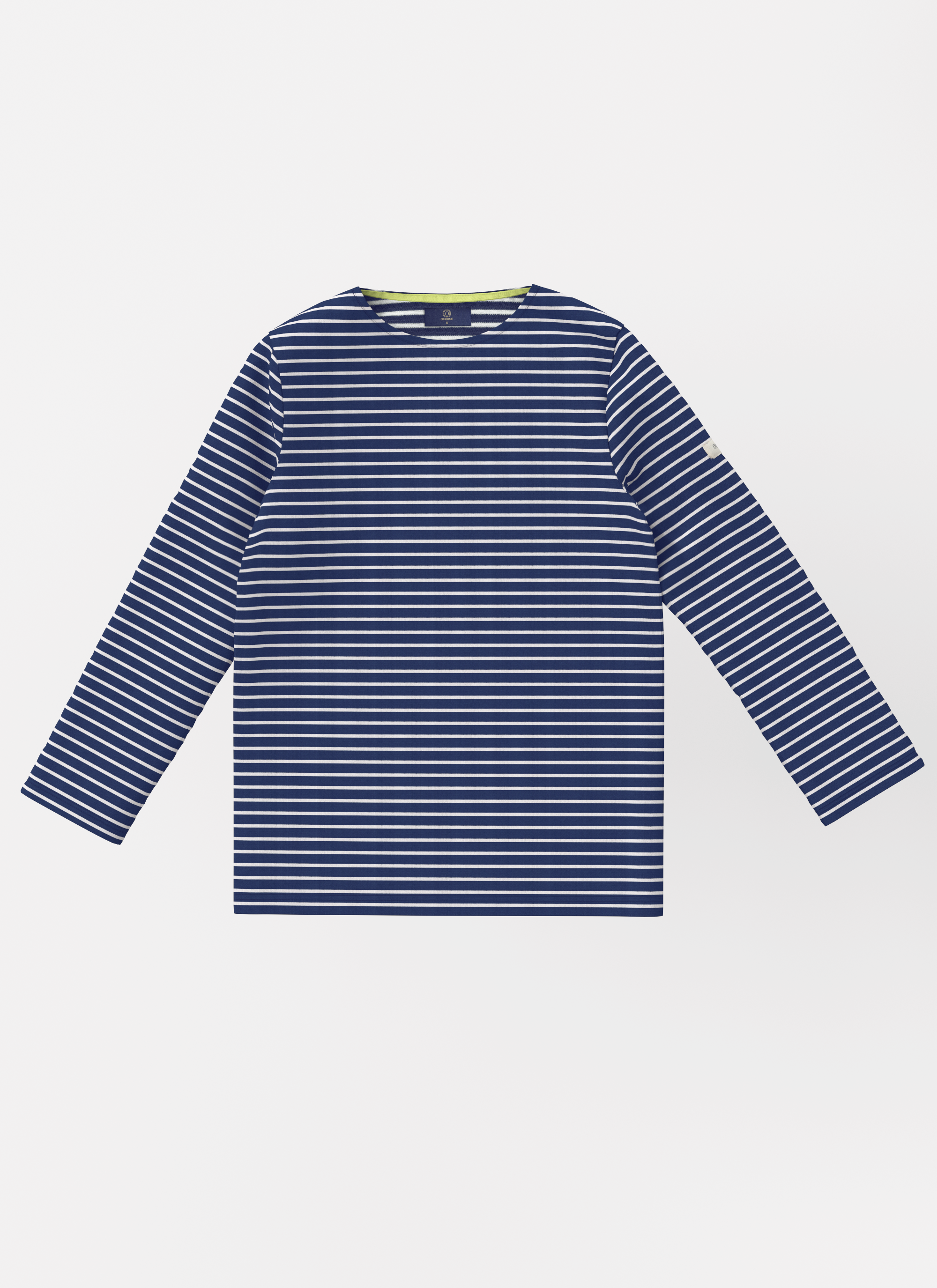 Emma Marinière UPF 50+ navy-white striped long-sleeve top flat lay on white background.
