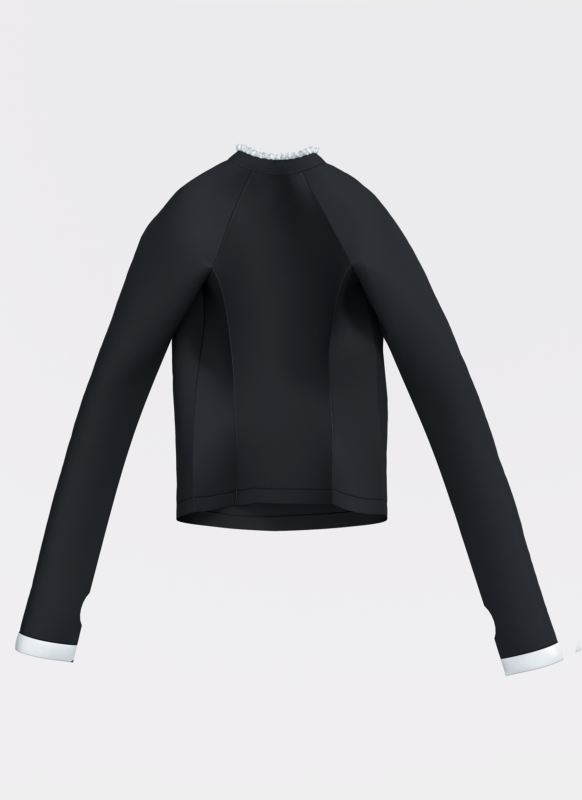 Flat lay of back Chloé Rash Guard UPF 50+ by Ondine showing white cuff details, thumbholes and ruffled neckline.