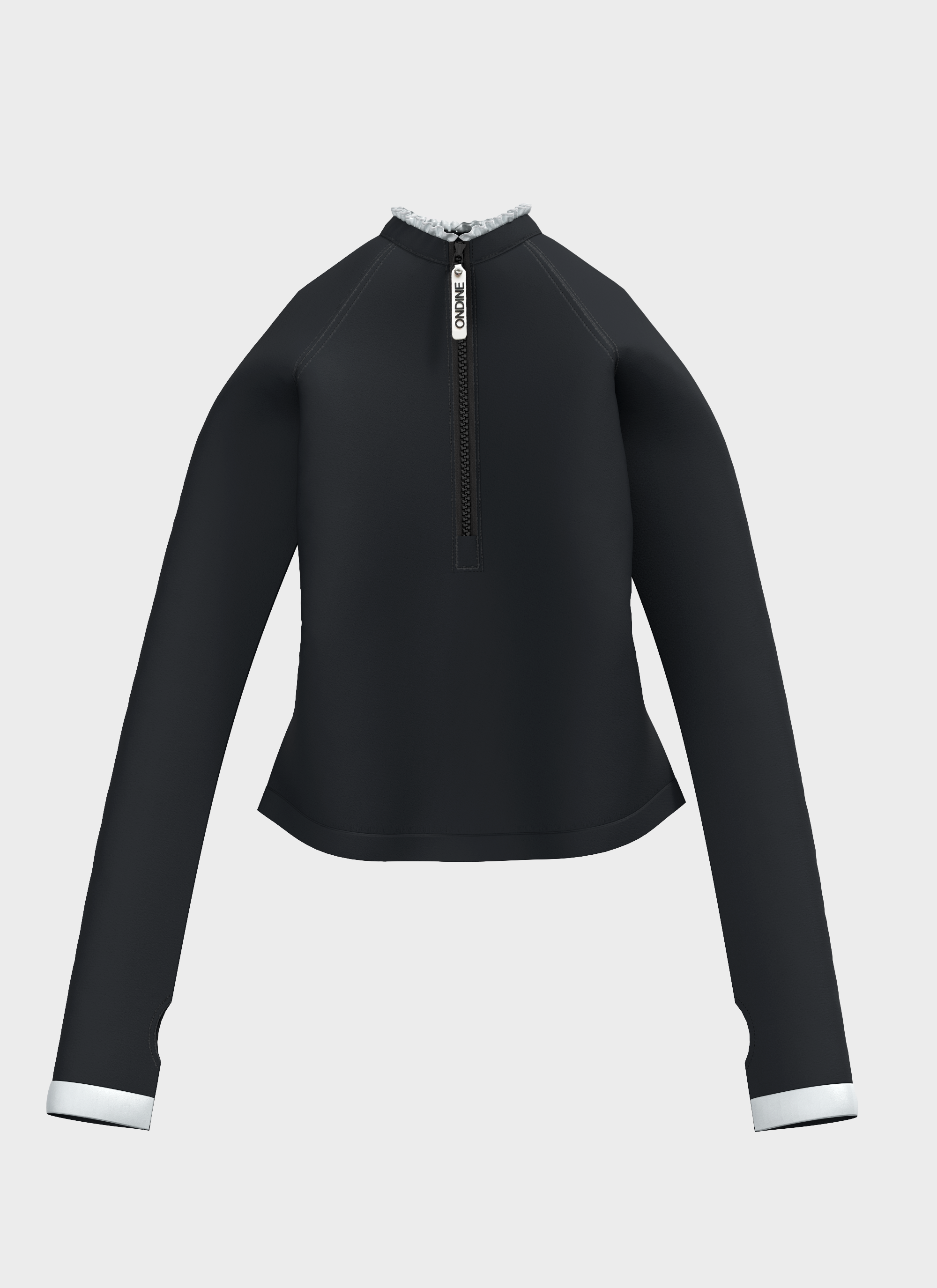 Flat lay of black Chloé Rash Guard UPF 50+ by Ondine showing front zipper and white cuff details, and ruffled neckline.